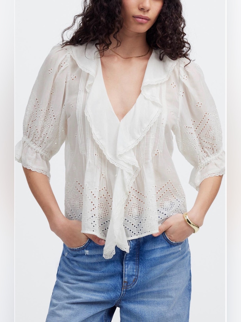 Madewell-Pintuck-Ruffle-Puff Sleeve-White-Blouse-Romantic-Cottagecore-Feminine-S